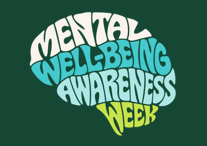 Graphic reading “Mental Well-Being Awareness Week” in stylized lettering on a dark green background.