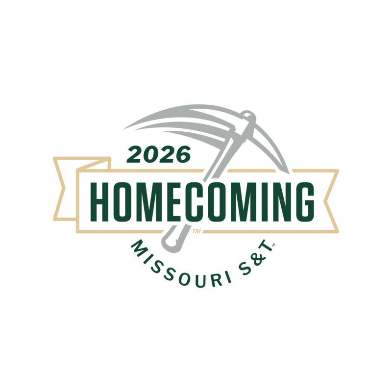 2026 Missouri S&T Homecoming logo featuring a stylized silver pickaxe above the word “Homecoming” in green, framed by a gold banner, with “Missouri S&T” below.