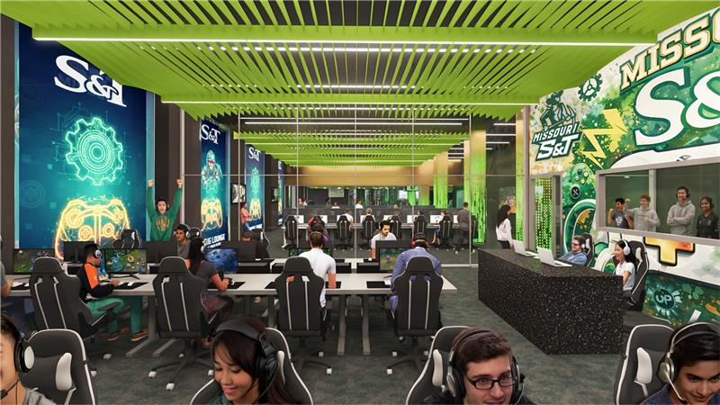 Architectural rendering of Missouri S&T’s planned Gaming Lounge and eSports Arena, featuring rows of gaming computers and chairs, individual gaming stations, green ceiling accents, and Missouri S&T-themed graphics throughout the space.