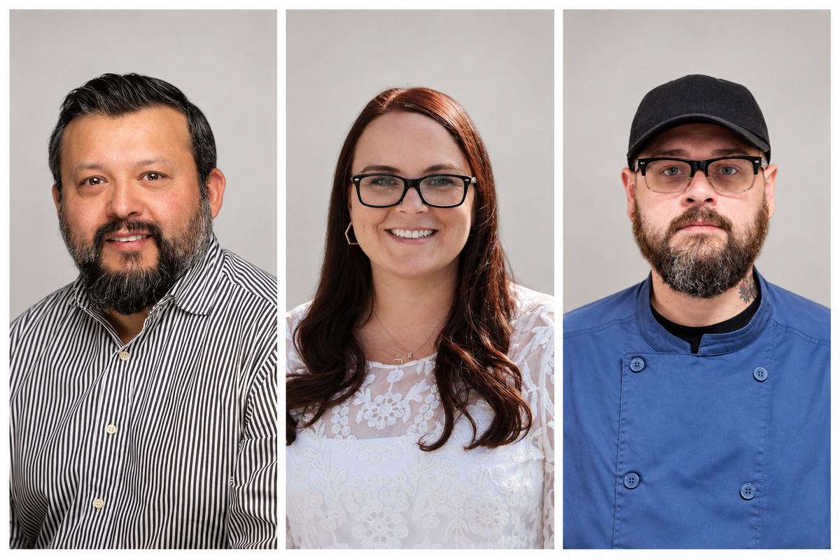 Three side-by-side professional headshots against light gray backgrounds. The person on the left has dark hair and a beard and wears a striped button-down shirt; the person in the center has long reddish-brown hair, glasses and a white top; the person on the right has a beard, glasses, a black cap and a blue chef coat.