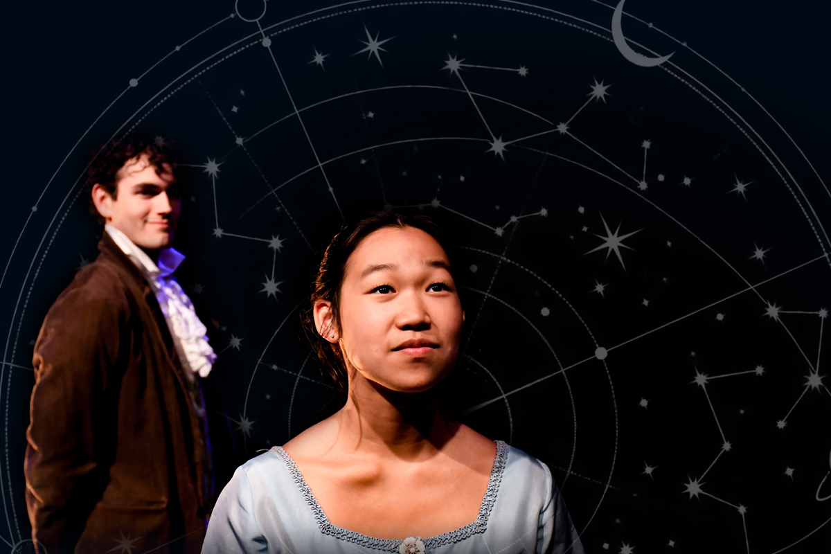 Two people in period-style clothing posed against an illustrated celestial map of stars, constellations and a crescent moon.
