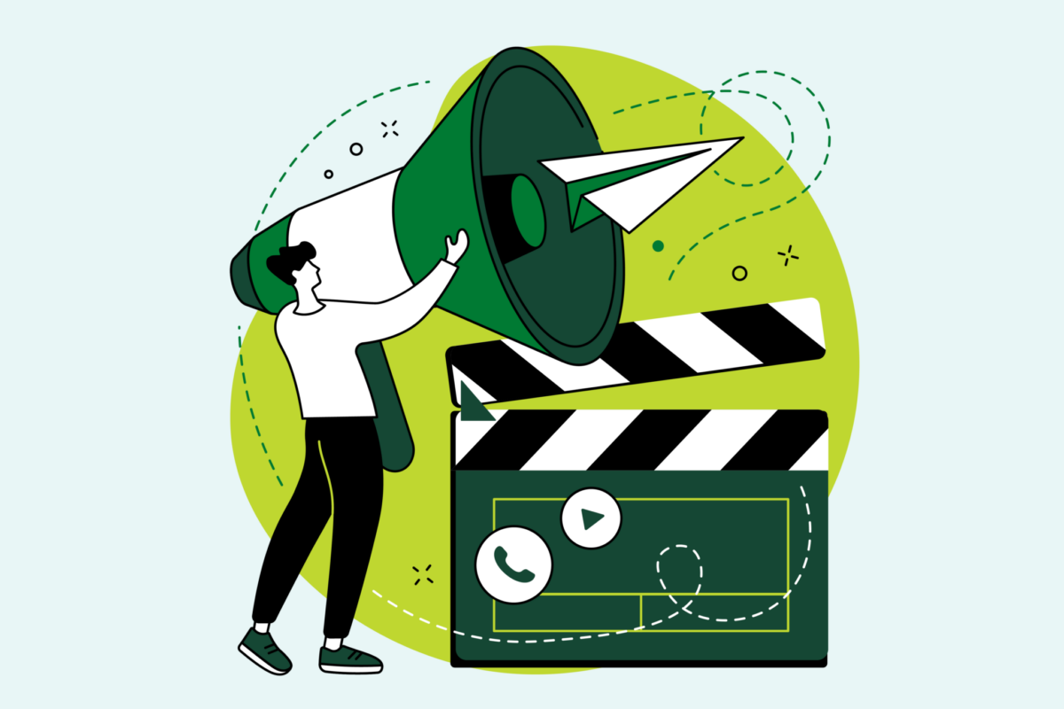 Illustration of a person using a megaphone beside a video clapperboard, with a paper airplane emerging from the megaphone.