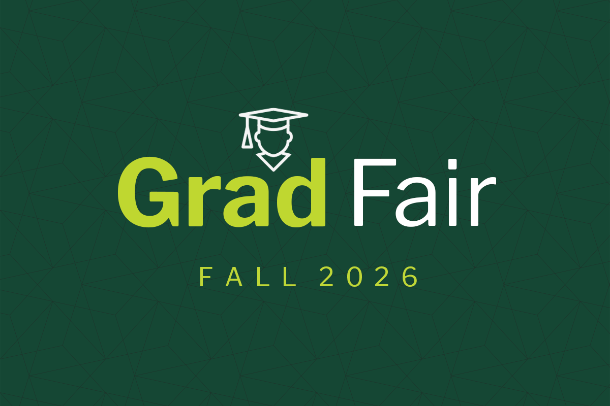 Grad Fair Fall 2026 graphic with a graduation cap and diploma icon, bright green and white lettering, and a dark green geometric background.