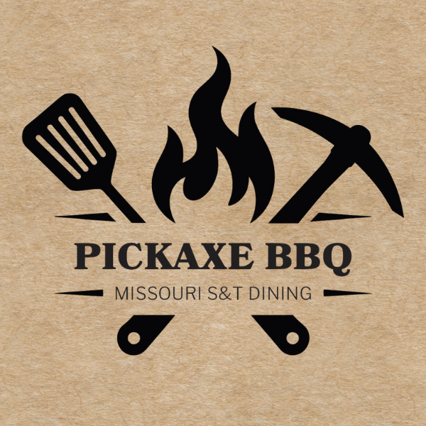 Pickaxe BBQ logo featuring a grilling spatula, campfire flame and pickaxe above the words “Pickaxe BBQ” and “Missouri S&T Dining” on a tan background.