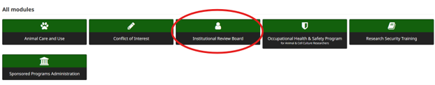 A screenshot of the eCompliance platform with a red circle around the tile that says "Institutional Review Board."