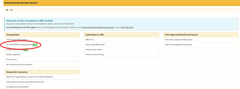 A screenshot of the IRB training platform with a red circle highlighting the MU HRPP/IRB Training Module.