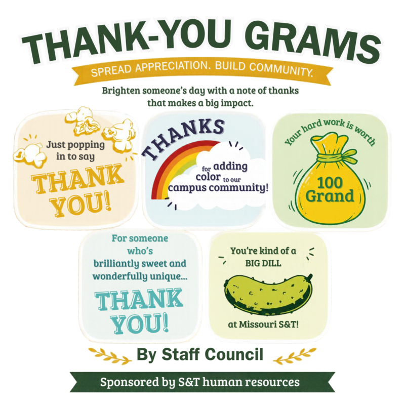 Graphic promoting Thank You Grams featuring five sample card designs: a popcorn-themed “Thank You,” a rainbow card thanking someone for adding color to the campus community, a “100 Grand” candy-inspired design, a sweet-themed “Thank You,” and a pickle-themed “You’re kind of a big dill” message.